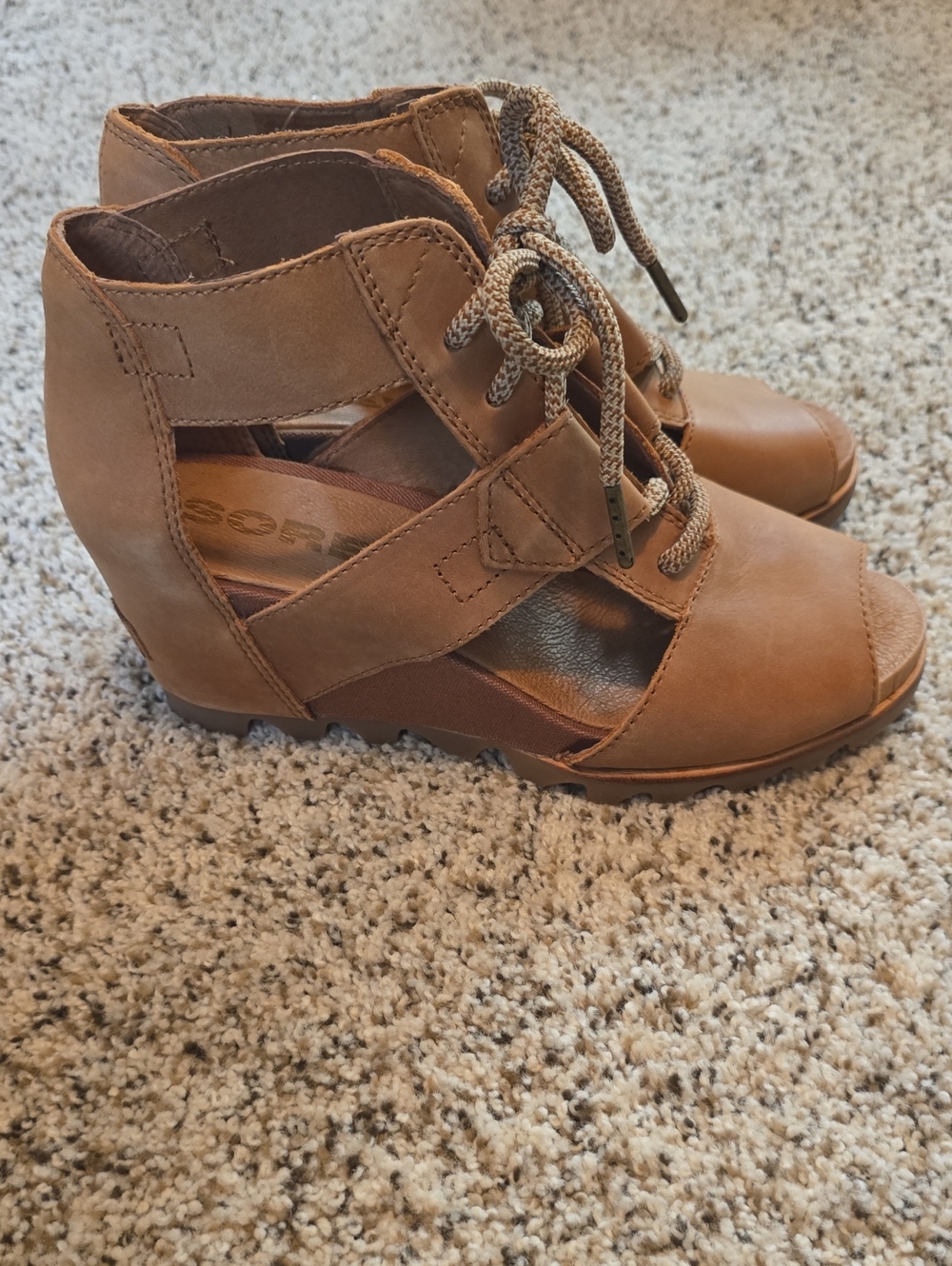 Sorel Joanie Women’s Size 9 Lace Up Open-Toe Lace-Up Wedge Tan Sandals - Picture 2 of 7
